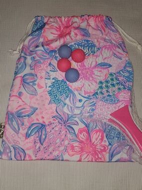 NWOT Lilly Pulitzer Pink & Blue Pickleball Set With Matching Drawstring Bag